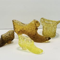 Vintage Fenton Set of 3 Shoes & Glass Head Toothpicks Holder Amber Glass figurines