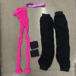 80’s Halloween Costume - American Apparel Leg Warmers, New Hot Pink Footless Fishnets, Wrist Sweatbands, & Metallic Headband