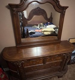 King size bed - dresser with mirror and night stand in