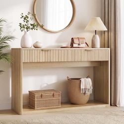 C353 $100  47" Fluted Console Table for Entryway with 2 Large Drawers, Oak Modern Entryway Table with Storage, Wood Sofa Table Behind Couch for Living