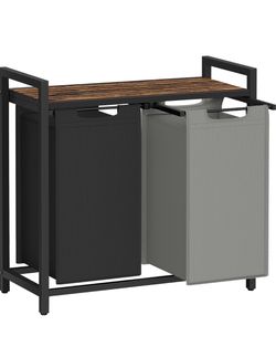Laundry Hamper with Shelf, 2 Pull-Out Bags, 2 x 12.1 Gallons (46 L) Laundry Basket, Laundry Sorter 2 Section, Metal Frame, Ink Black and Rustic Brown,