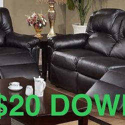 New Black Leather Recliner Sofa Set (Finance and Delivery)