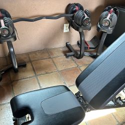 Bowflex adjustable weights - 2 sets including stands, bench & curl bar