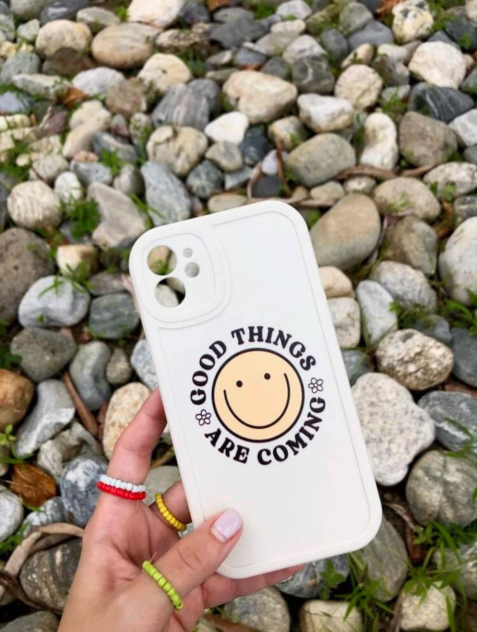 iPhone 13 Good Things Are Coming Beige Black Yellow Happy Face IPhone 13 Base Model Phone Case Daisy