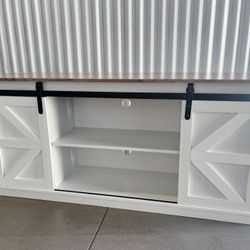 New TV Stand Sliding Barn Door Farmhouse, Storage Cabinet Table Living Room with Adjustable Shelves for TVs Up to 65" white  New in box T TS101WM 【Sli