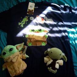 Baby Yoda Shirt And Plushies Lot
