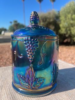 Vintage Indiana Glass Blue Carnival Glass Canister - Harvest Grape Biscuit Jar WITH LID