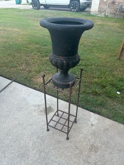 Large Cast Iron Urn Planter with Metal Stand