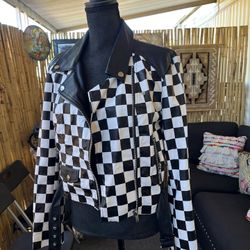 Faux Leather Womens Checkered Jacket Dolls Kill Size Large ! Great Condition 