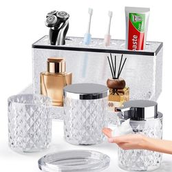 Glass Bathroom Accessories Set 5Pcs Crystal - Foaming Soap Dispenser, Soap Dish, Cup, Acrylic Toothbrush Holder with Tray Organizer, Qtip Jar, Bathroo
