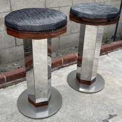 Vintage MCM Postmodern Italian Art Deco Chrome Swivel Bar Stools 