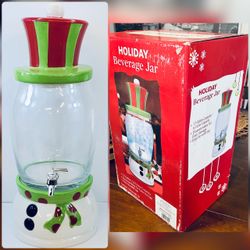 (NEW) Christmas Beverage Jar Snowman 1.7 Gallon / 6.5 Liter Capacity, Ceramic Base - Glass Jar