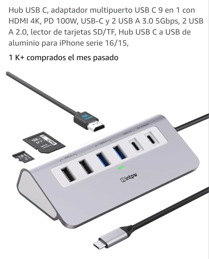 Hub USB C, adaptador multipuerto USB C 9 en 1 con HDMI 4K, PD 100W, USB-C y 2 USB A 3.0 5Gbps, 2 USB A 2.0, lector de tarjetas SD/TF, Hub USB C a USB 