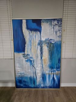 Large Modern Abstract Wall Art – Blue, White & Gold