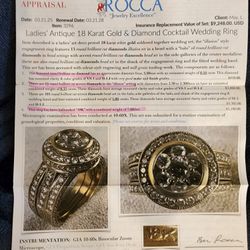 Professionally Appraised 18K Gold And Diamond Cocktail Wedding Ring 