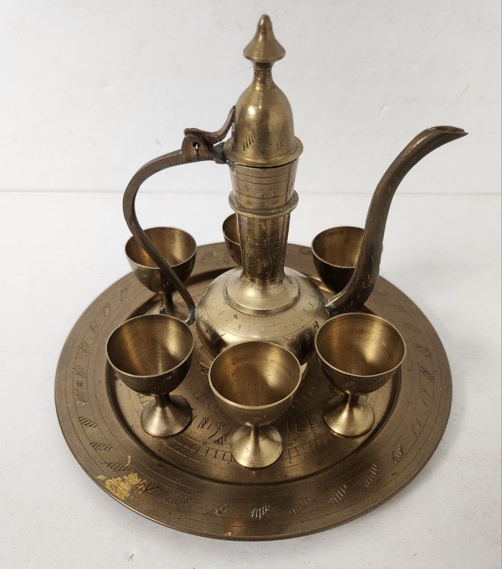 Vintage Traditional Arabic Turkish Persian Engraved Brass Tea Set 8 Pieces