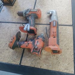 Ridged 18volt Used 1 Impact 1 Reg Drill 1 12 Volt Rt Angle No Batteries Tools Only