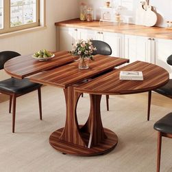 43.3"-59" Extendable Round Dining Table ，Double Curved Base, Walnut