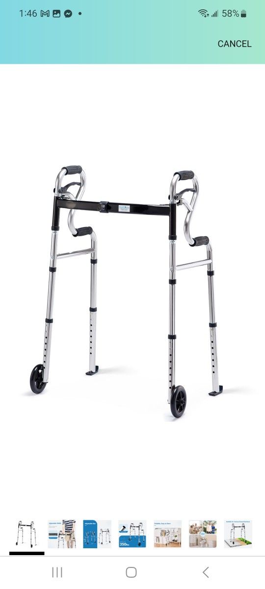 Walkers for Seniors with 5” Front Wheels by Health Line Massage Products, Width Adjustable Compact Standard Walker Support Up to 350lbs, Quick Folding