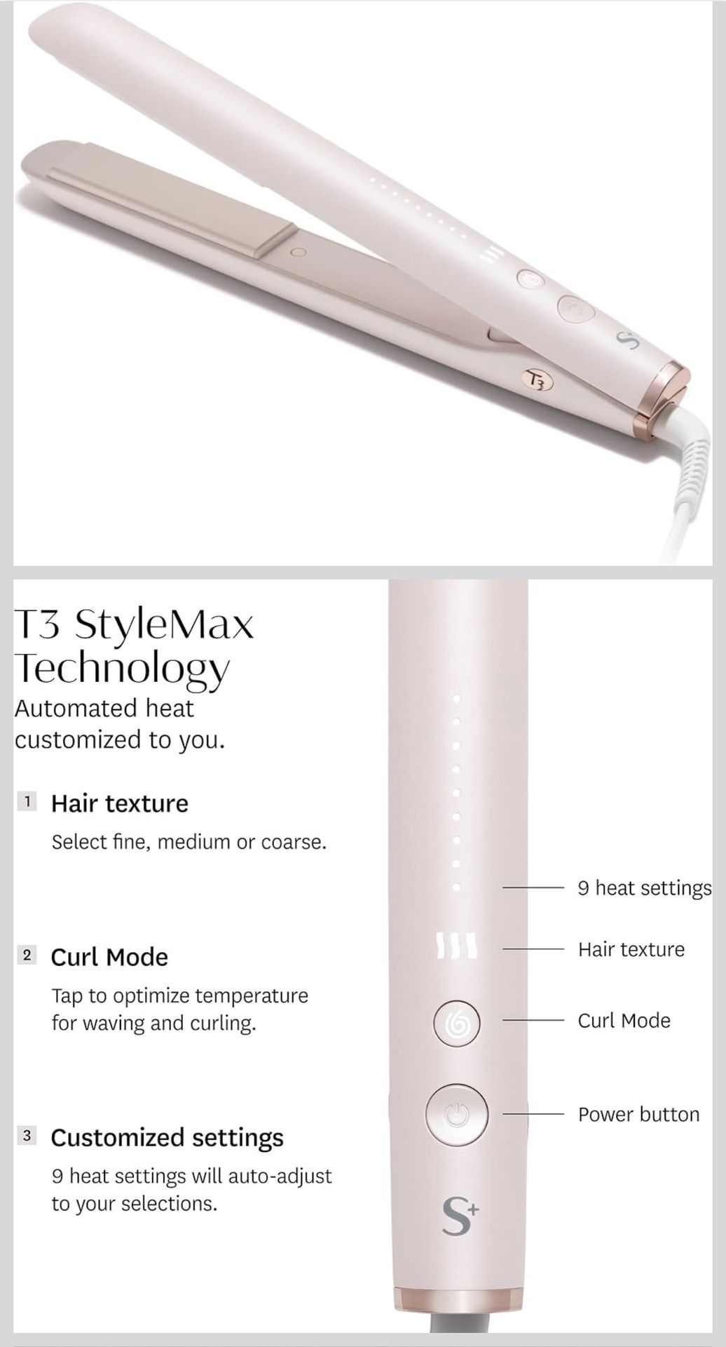 T3 SinglePass StyleMax Professional 1" Ceramic Flat Iron with Custom Heat Automation, 9 Heat Settings, Longer Ceramic Plates, for Straightening, Wavin