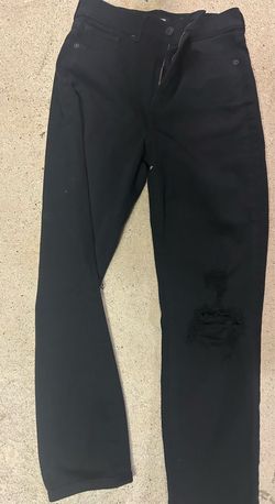 Black high-waisted straight-leg jeans with distressed details. Size: 2