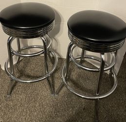 Heavy Duty Swivel 360 Degree Bar Stool 25.5 inches tall & 15 inch diameter surface with Black Padded Seat and Chrome Plated Legs Set of 2 