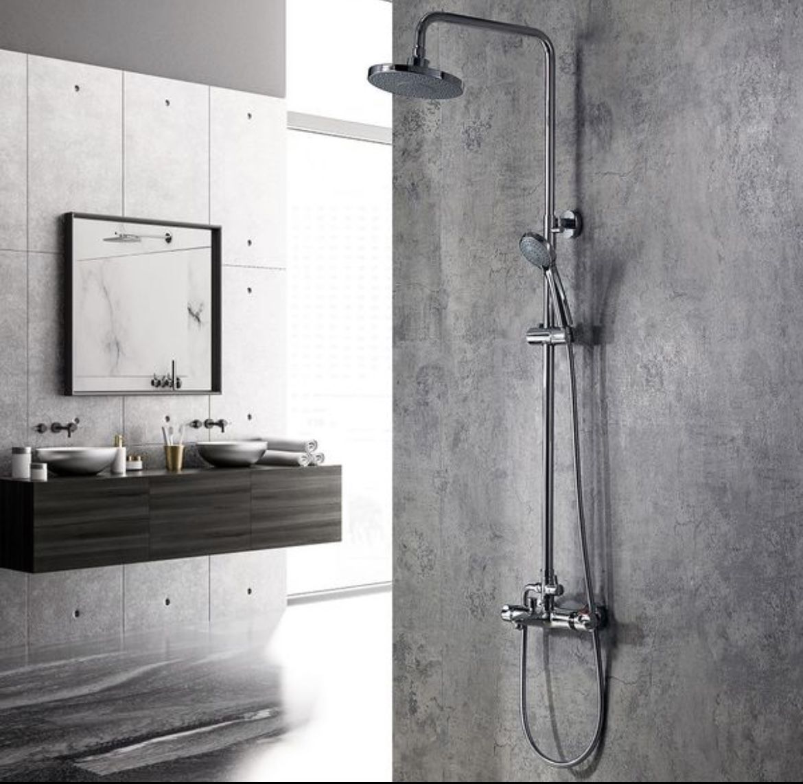 KS #060202 Modern Exposed Thermostatic Shower System With Handheld Shower Tub Spout Solid Brass