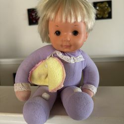 Vintage 1977 Ideal Snuggles Baby Doll Plush Body Vinyl Head Pull String Works