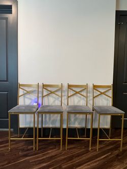 Gold Metal Bar Stools with Gray Velvet Seats – Set of 4