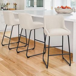 （Set of 3）26 Inch Counter Height Bar Stools, Linen Upholstered Barstools, Barstool with Back, Comfortable Bar Chairs