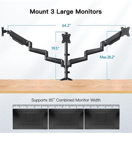 HUANUO Triple Monitor Mount for 17 to 32 inch Screens, Gas Springs Adjustment Triple Monitor Stand with Swivel, Tilt, Rotation, Clamp & Grommet Kit