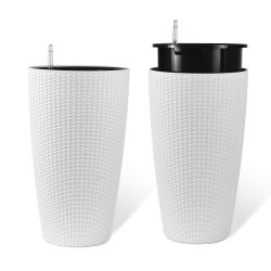Set of 2 Faux Rattan Tall Planters Outdoor Indoor Large Planters with Water Level Monitor Inner Bucket, Automatic Watering, Flower Plant Pots for Gard