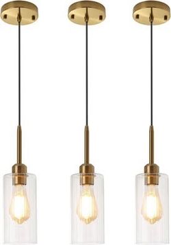 3 Pack Striped Glass Pendant Lights, Antique Brass Plated,E26 Base Farmhouse