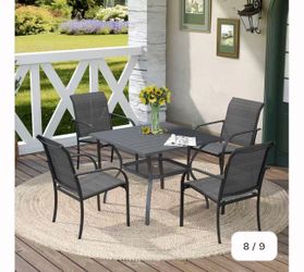 Vicllax 5 Pieces Outdoor Dining Set, 37.8" Square Metal Table and Stackable Sling Chairs