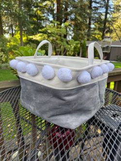 Gray & White Pom-Pom Storage Basket