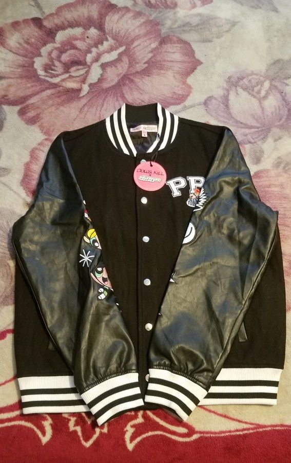 Dolls Kill + Powerpuff Girls Black Wool Blend Bomber Varsity Jacket NWT Large