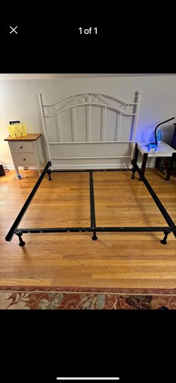 Queen Size Bed Frame - White Metal Headboard