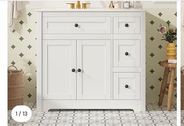 Bathroom Vanity with Ceramic Sink Storage Cabinet Single Sink White