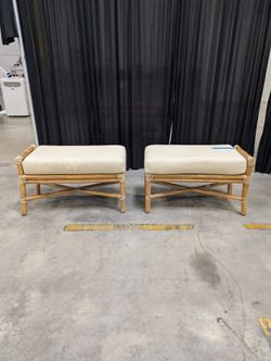 Pair of Cream Patterned Upholstered Bench with Bamboo Frame
