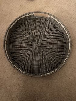 Large Round Gray Woven Wicker Basket / Decorative Serving Tray