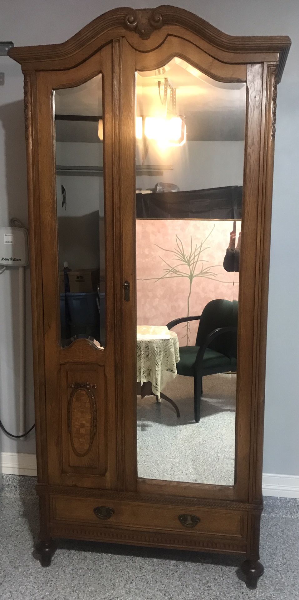 TALL OAK ARMOIRE WITH BEVELED MIRROR DOORS