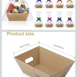 50 Pcs Empty Gift Basket Set 12 Pcs Basket for Gifts Empty Kraft Market Tray with Handles, 18 Bags, and 20 Multicolor Bows for Christmas Wedding Birth