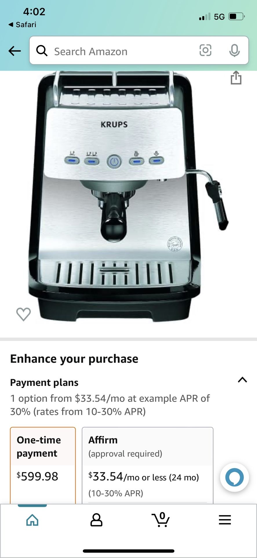 Krups XP4050 1200 Watt 15 Bar Pump Programmable Espresso Machine