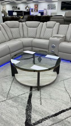 Brand New Sleek twist design round glass coffee table w/metal frame & gold finish