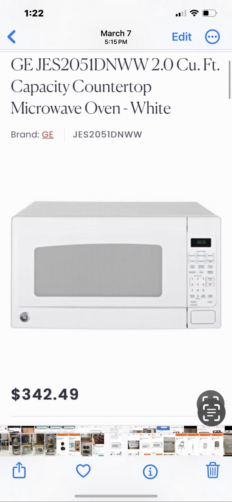 GE White 2.0 cu. ft. Countertop Microwave in
