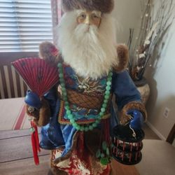 24" Chinese Santa Claus Figurine Handmade w/Jade, Lucky Crickets & Fan 