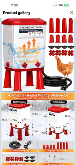Heated Chicken Waterer, 7L Chicken Water Heater Bucket for Winter with 4 Nipple Drinkers, Anti-Freezing, Winter and Summer Dual-use, Automatic Heated 