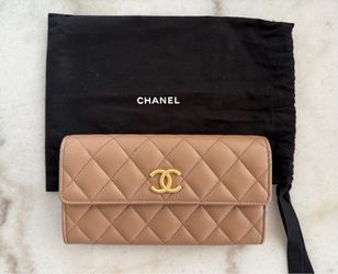 CHANEL Caviar Quilted Chain CC Long Flap Wallet Dark Beige