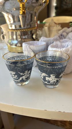 Persian Tea Or Glass Cut Set Of 8 Blue Painted 