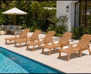 Set of 5 HDPS Chaise Lounge Outdoor with Wheel, 5 Positions Adjustable Pool Lounger Chairs for Outside, Patio, Teak Color